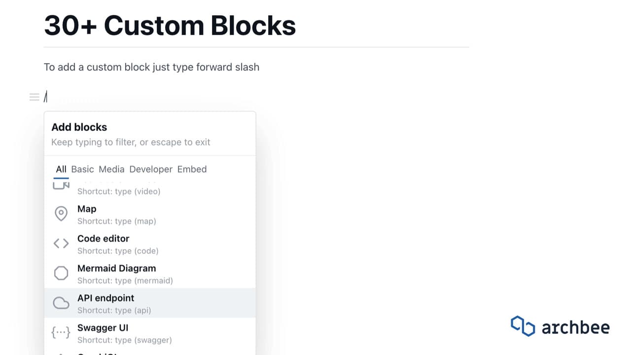 Archbee has 30 custom blocks to choose from