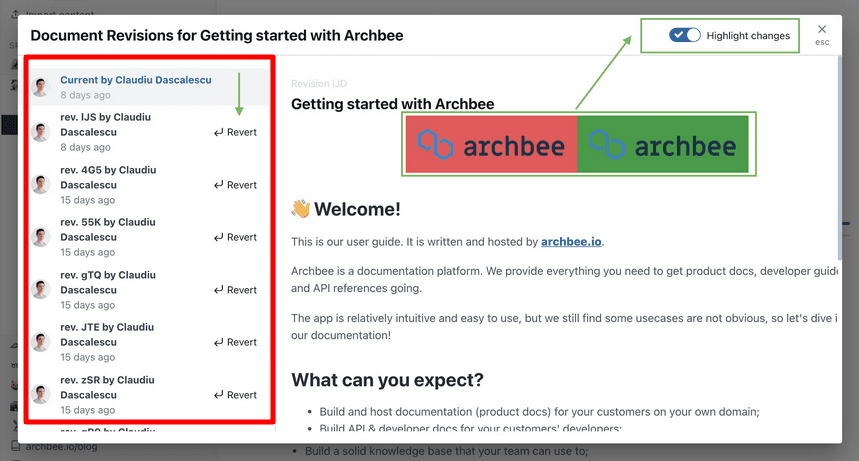 Archbee allows you to see who edited the document, when they did it, and what changes were made