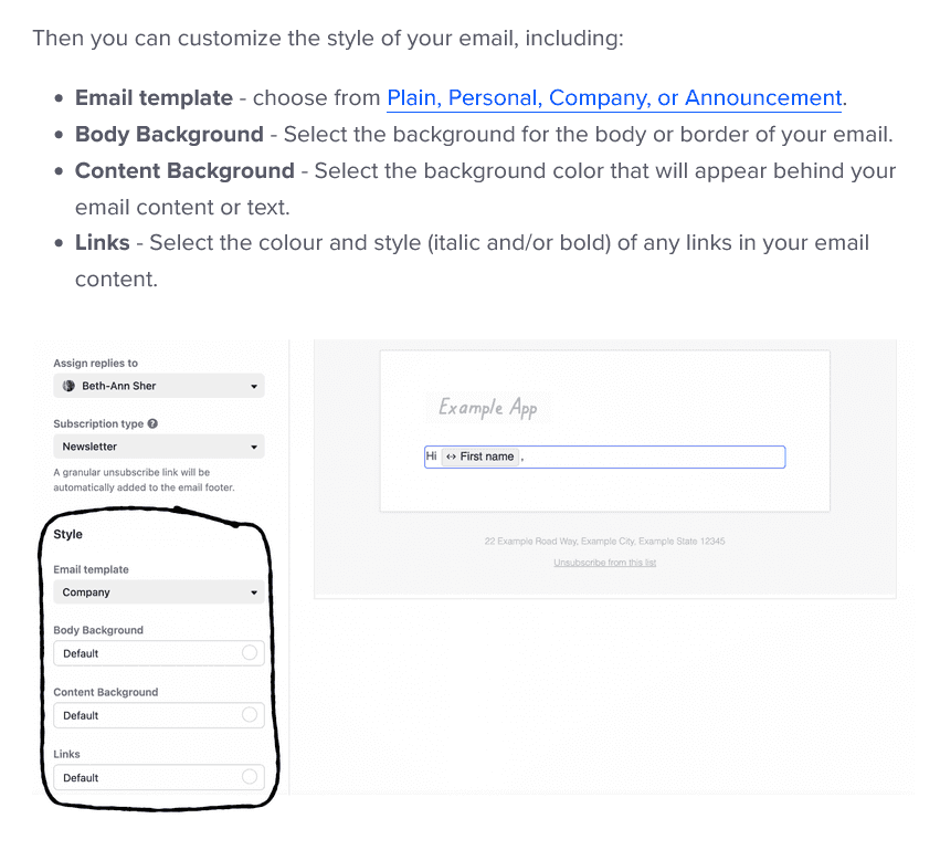 Instructions for customizing the style of the email