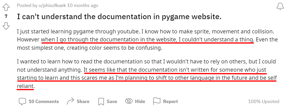 Inexperienced programmer is having trouble understanding the documentation
