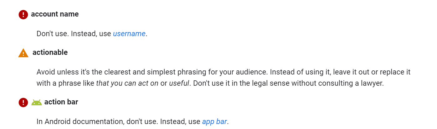 Google guide about style word list