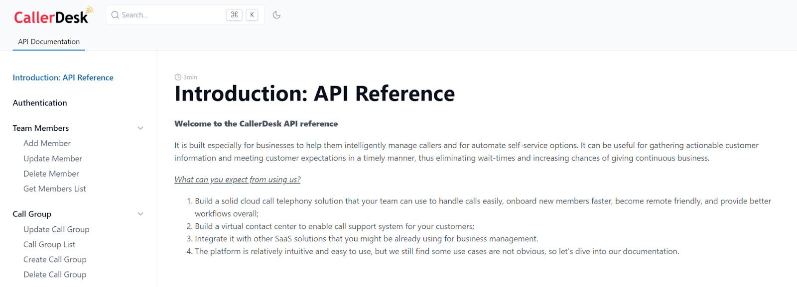 Example of a well-written intro to API reference created by CallerDesk